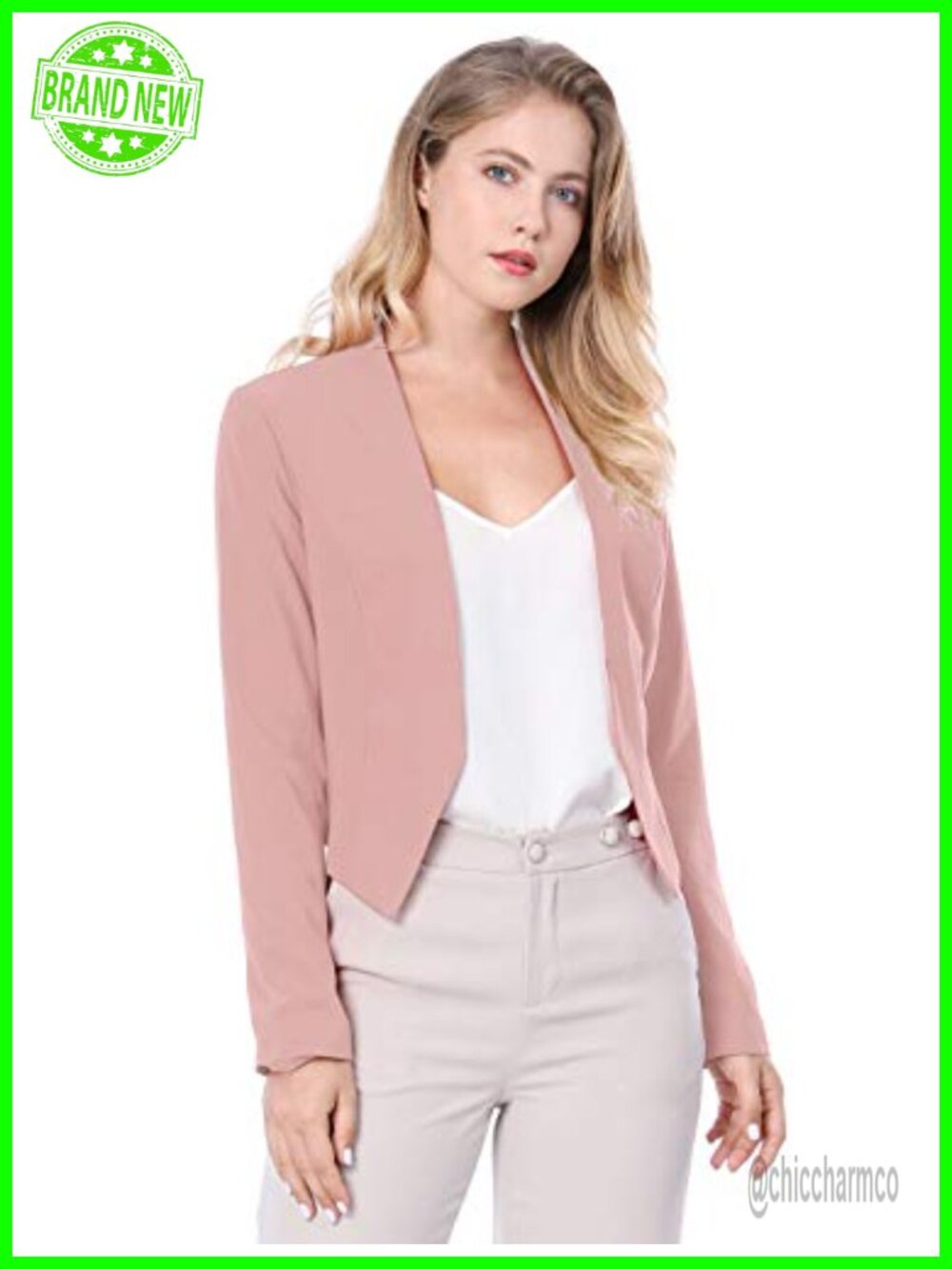 Womens Cropped Blazer Business Casual Collarless Open Front Suit Jacket